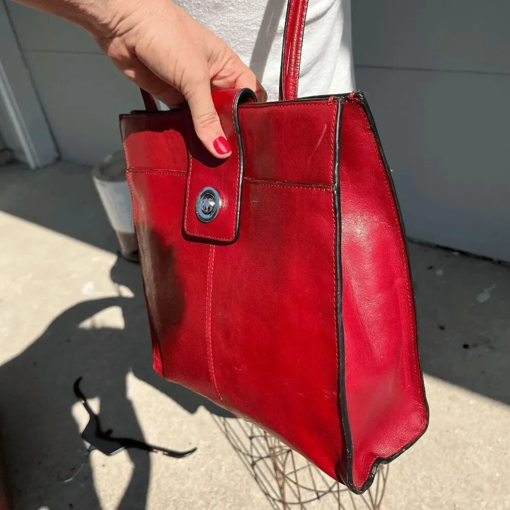 VTG Red Leather Tote Bag Structured Shoulder Purse Minimalist Office Chic